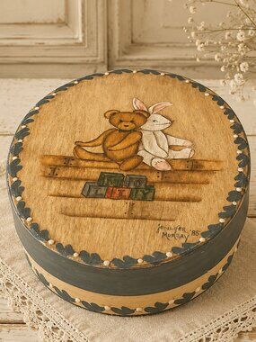 Charming Vintage Signed Hand Painted Wooden Oval Keepsake Box